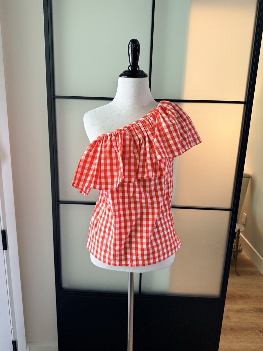 J.Crew One Shoulder Gingham Ruffle Top Size 0 XS Red White Cotton AZ102